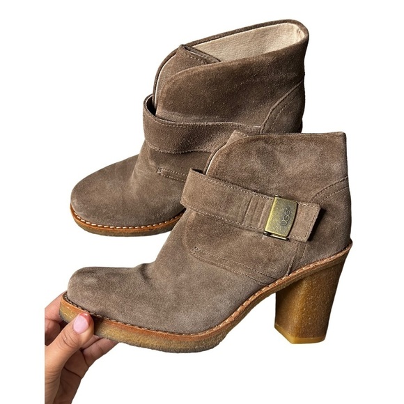 UGG Australia Tan Suede Shearling Brienne Buckle Tab Ankle Boots Size 7 - Picture 6 of 7